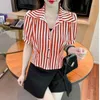 Women's Blouses Elegant Lapel Folds Puff Sleeve Striped Shirts Women Clothing 2024 Summer Loose Korean Short Tops Office Lady