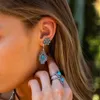 Stud Earrings Ethnic Round Blue Stone Boho Vintage Jewelry Silver Color Metal Carving Snowflake Flower For Women