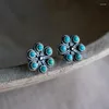 Stud Earrings Ethnic Round Blue Stone Boho Vintage Jewelry Silver Color Metal Carving Snowflake Flower For Women