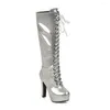 Boots Sexy Black Silver Women Knee High Motorcycle Platform Spike Heels Lady Shoes WL357 Plus Big Size 10 43 45 48