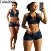 Tracksuits pour femmes Fagadoer Dark Blue Fashion Denim Shorts en deux pièces Femmes Femmes Halter V Crop et tenues Summer 2pcs Streetwear