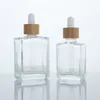 Lagringsflaskor Square Clear 30 ml 50 ml 100 ml Essential Oil Rectangle Glass Droper With Pipette Bamboo Top Cap 15 ml 1 oz