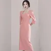 Casual Dresses Korean Elegant Women Square Collar Split Midi Dress 2024 Business Summer Pink Office Ladies Slim BodyCon Work Wear Clothes