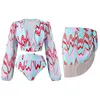 Swimwear féminin 3 pièces à manches longues Bikini à manches longues à manches longues avec une jupe frange