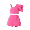 Kleidungssets Fokusnorm 1-6y Fashion Kinder Mädchen Kleidung Set Rufft eine Schulterhülse Weste mit soliden Shorts Sommer-Outfit