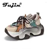 Buty zwykłe Fujin 6,5 cm siatka powietrza oryginalna skórzana świniec Kobiety Chunky Sneaker Comfy Spring Kids Flats Botki jesienne lato