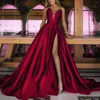 Party Dresses Burgundy V-Neck Natural A-Line Floor-Length Matte Satin Long Evening Prom Dresses/Bridal Engagement Gown Big Skirt