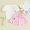 Kleidungssets Pudcoco Baby Girl Frühling Sommer Kleidung Runde Hals Puff Kurzschläfe gerippte Hemdtife und Bogenrock Kinder 2pcs Outfit 6m-4t