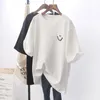 Korean Batwing Short Sleeve Loose Tshirts Casual Women Floral Print Smile Face Black White All Match Trend Tee Top 240411