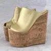Sandaler 2024 Women Platform Mules Ultra High Wedges Heels Peep Toe Gorgeous Champagne Gold Silver Club Shoes Ladies Storlek 5-15