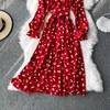 アーバンセクシードレスYuoomuoo Korean Fashion Cherry Print Women Dress2023 New Autunt Vintage BandageスリムウエストロングドレスエレガントなパーティーVestidos Y240420