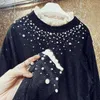 Kadın Tişörtleri Parlak Rhinestones dantel kancalı çiçekler kenar kazakları lotus fırfırlar yakalı inciler boncuklu kazak payetli örgü jumper'ları