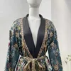 Casual Dresses 2024 Spring Summer Green Floral Print Long Sleeve Diamonds Pressed V-Neck Belt Feather Wrap Kaftan Midi Dress