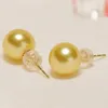 Boucles d'oreilles goujons 11-12 mm Natural Golden South Sea Perle 14K Femmes d'oreille en or solide
