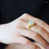 Cluster Rings Ancient Gold Craftsmanship Inlaid With Natural Hetian White Jade Ring Opening Adjustable Delicate Frosted Women's Jewelry