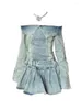 Casual Dresses Design Blue Denim Dress Adjustable With Belt High Street Gyaru Slash Neck A-Line Clubwear Fairy Y2K Preppy Style