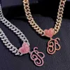 Pendant Necklaces Iced Out Pink Crystal Cursive Letters Miami Cuban Link Choker Necklace Women Men Punk Chunky Chain Necklaces Wholesale Y240420
