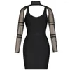 Casual Dresses 2024 Högkvalitativt svart nät Lång ärm Sexig klubbkläder Bandage Dress Party Women Bodycon Wholesale Dropship