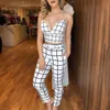 Sommarkvinnor 2024 Tryckt sexig rem Deep V Open Navel Plaid Casual Crop Pant Set