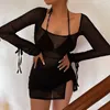 Casual Dresses Black Mesh Mini Dress Women Sexig Split See Through Beach Summer Fashion Bandage långärmad bikini täcker 2024 strandkläder