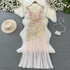 Casual Dresses Summer Women Sexy Glitter Sequined Evening Party Dress Elegant V Neck Spaghetti Strap Slim See Through Mesh Patchwork Maxi