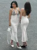 Casual klänningar randiga tryckta spetsar halterneck rygglös klänning kvinnor smal sexig djup v hals maxi semester ärmlös kroppskon sommar