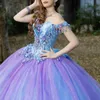 Lavande ciel bleu à côté de l'épaule quinceanera robe robe de boule dentelle appliquée ligée cristal tul corset sweet 16 vestido de 15 anos