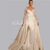 Luxury Mermaid Wedding Dress with Löstagbar tåg Illusion Neck Lång ärm 2 i 1 brudklänning 2024 Pärlor Church Gorgeous Bride Dress Mopping Rode de Mariee Chic