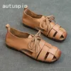 Leather Summer Sandals Casual AUTUSPIN Women Genuine Outdoor Shoes Females Retro Lace-up Flats Loafers Woman Plus Size 35-41 240412 666