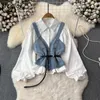 Kvinnors blusar neploe vintage chic puff hylsa lösa vita skjortor kvinnor Y2k Slim Fit Blue Denim Camisole Tops 2024 Spring Two Piece Sets