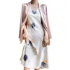 S-3XL Acetate Satin V-neck Shin Suspender Dress Women Spring Summer Elegant Simple Printed Long Dress Sleeveless 240419