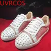 Casual Shoes Bling Side Sequined Flats Bottom Women Leather Round Toe Färgglada spikar Sneakers Lace Up Female 46 Storlek