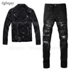 Punk Ripped Mens Set Black Slim Slant Zip Denim Jacket Ripped Patch Stretch Jeans High Street Trendy Clothing 2st Set 240419