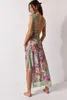 Women Casual Sleeveless Maxi Dresses Backless Bodycon Floral Printed Spaghetti Strap Long Dress Lace Sheer Mesh Summer One-Piece