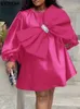 Sıradan Elbiseler Vonda Kadın Yaz Partisi Elbise 2024 Seksi Puflu Kol Büyük Yay Trim Sundress Moda Ekibi Boyun Düz Renk Vestidos Gevşek Çöp