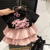 Clothing Sets Girls T-shirts Tiered Pleated Skirt 2Pcs Summer Korean Style Children Clothes Kids Letter Short Sleeve T Shirts Skirts Suit