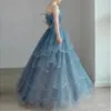 Party Dresses Fairy Strap Blue Formal Evening Dress Designed Prom Tiersed Cake Boat Neck Quinceanera klänning Elegant Vestido