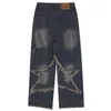 Mäns jeans vintage baggy y2k stjärna skarvade löst blå denim byxor unisex retro streetwear hip hop byxor
