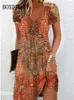 Vintage Women Sukienki midi do stylu etnicznego kwiatowy nadruk luźna sukienka plus size swobodny krótki rękaw