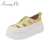 Casual Shoes Krazing Pot Cow Leather Mesh Lace Up Round Toe Flat Platform Thick Bottom Prints Skin Hollow Decoration Summer Vulcanized