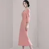 Casual Dresses Korean Elegant Women Square Collar Split Midi Dress 2024 Business Summer Pink Office Ladies Slim BodyCon Work Wear Clothes