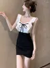 Casual Dresses Summer Black Patchwork White Bow Square Collar Mini Dress Women Sexig Ruffled Sling Short 2024 Elegant BodyCon Party