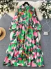 Casual Dresses Women's Retro Lantern Sleeve Dress Bow Stand Collar Waist A-Line Elegant Fashion Print Big Swing Long Summer 2024