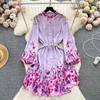Casual Dresses Fashion Dress for Women Stand Print Belt Puff Sleeve Vestidos Female Single Breasted Button French Spring Dropship