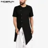Odzież Inderun Men koszula indyjskie ubrania stałe kolor 2023 Button z krótkim rękawem Vintage Kurtas Streetwear muzułmański nieregularny długie koszule Mężczyźni