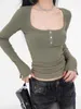 女性用Tシャツスパイシーな女の子セクシーな正方形の首3ボタンソリッドカラーTシャツ刺繍トップ女性スリムフィットボトムシャツv899