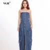 Casual Dresses VGH Solid Patchwork Pockets Denim For Women Strapless Sleeveless High Waist Spliced Single Breasted Dress Female