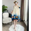 Casual Dresses Dress Female 2024 Summer Pleated Print Fashion Pendlare Loose O Neck Three Quarter Sleeve Mid Length Tops