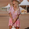 Casual Dresses Summer 2024 Loose Thin Short Sleeve Knee-Length Skirt Women's Fashion Floral Print Pullover V-neck Half Jumpsuit