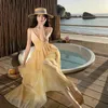 Casual Dresses Women Sweet Yellow Floral Sleeveless Backless Sexy Club Ruffles Slip Dress Summer Elegant Holiday Birthday Party Cake Chic